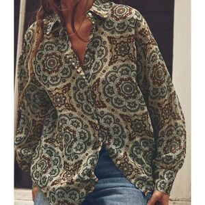 Zara Top S Paisley Collar Blouse Business Women Long Button Down Sheer Mandala